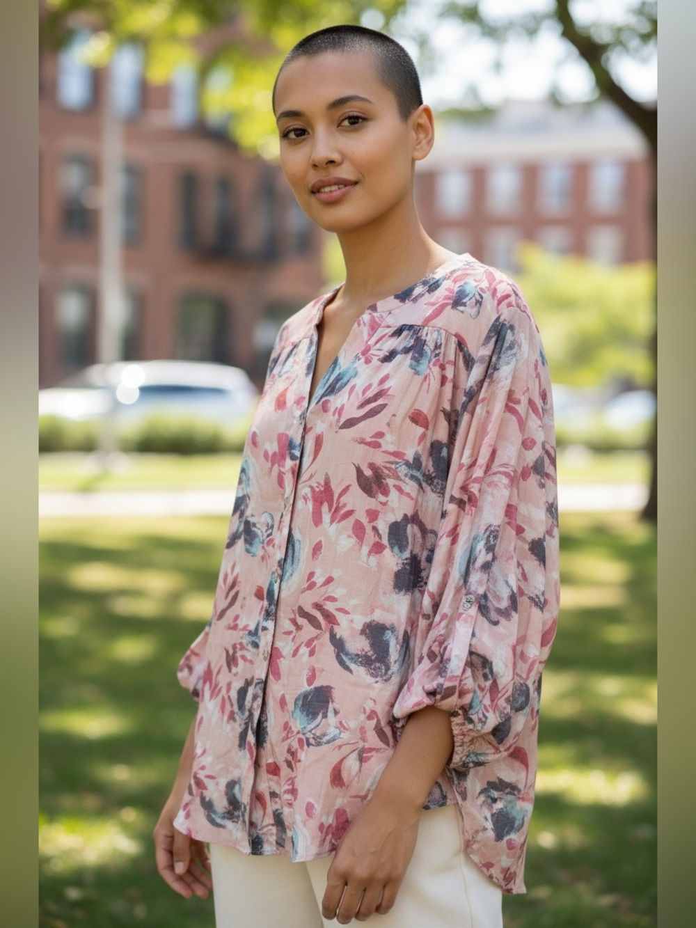 Hope & Harlow Women’s XL Pink Floral Button-Down Shirt Long Sleeve Lightweight